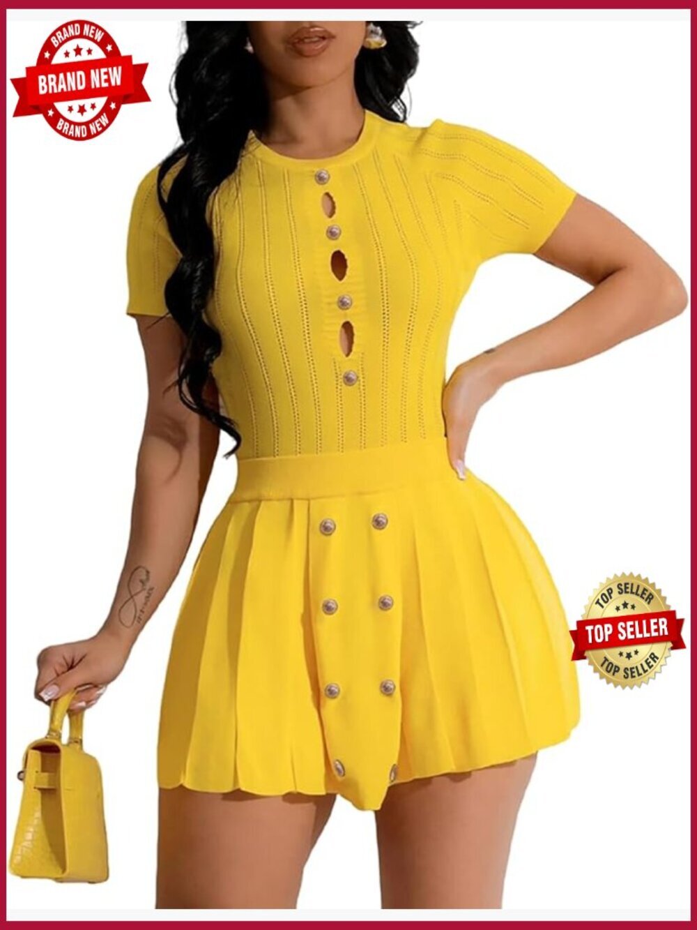 Knit Crop Top Pleated Mini Skirt Set Going Out 2 Piece Short Sleeve